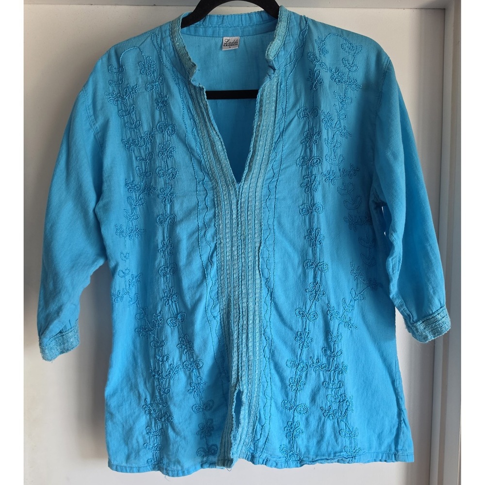 Laddi Women Blouse Size L Blue Floral Cotton 3/4 Sleeve